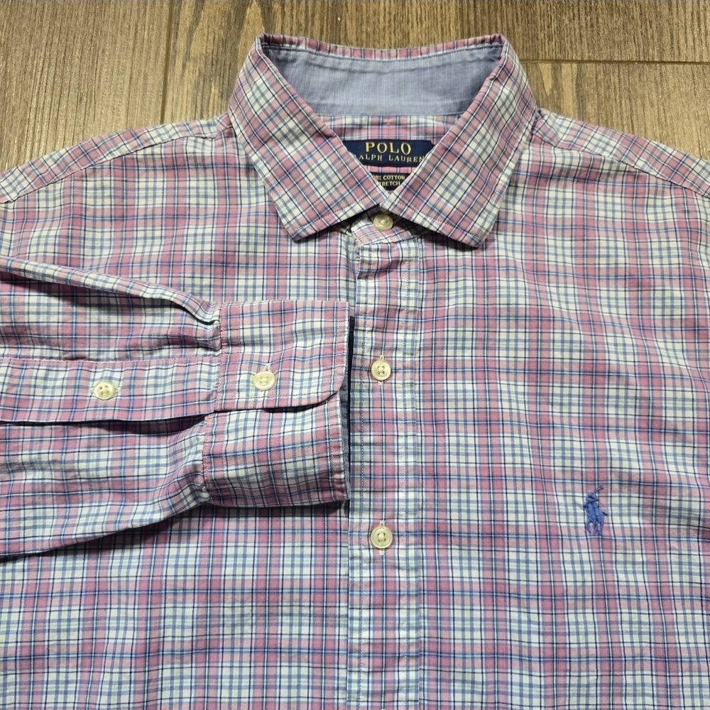 POLO RALPH LAUREN Dress Shirt Mens L Pink Plaid Cotton Pony Preppy 90s Americana
